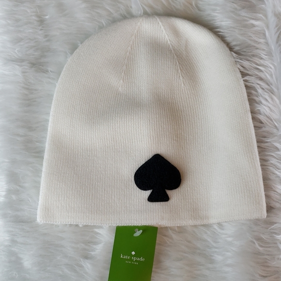 kate spade Accessories - NWT Kate Spade white cream black spade beanie hat